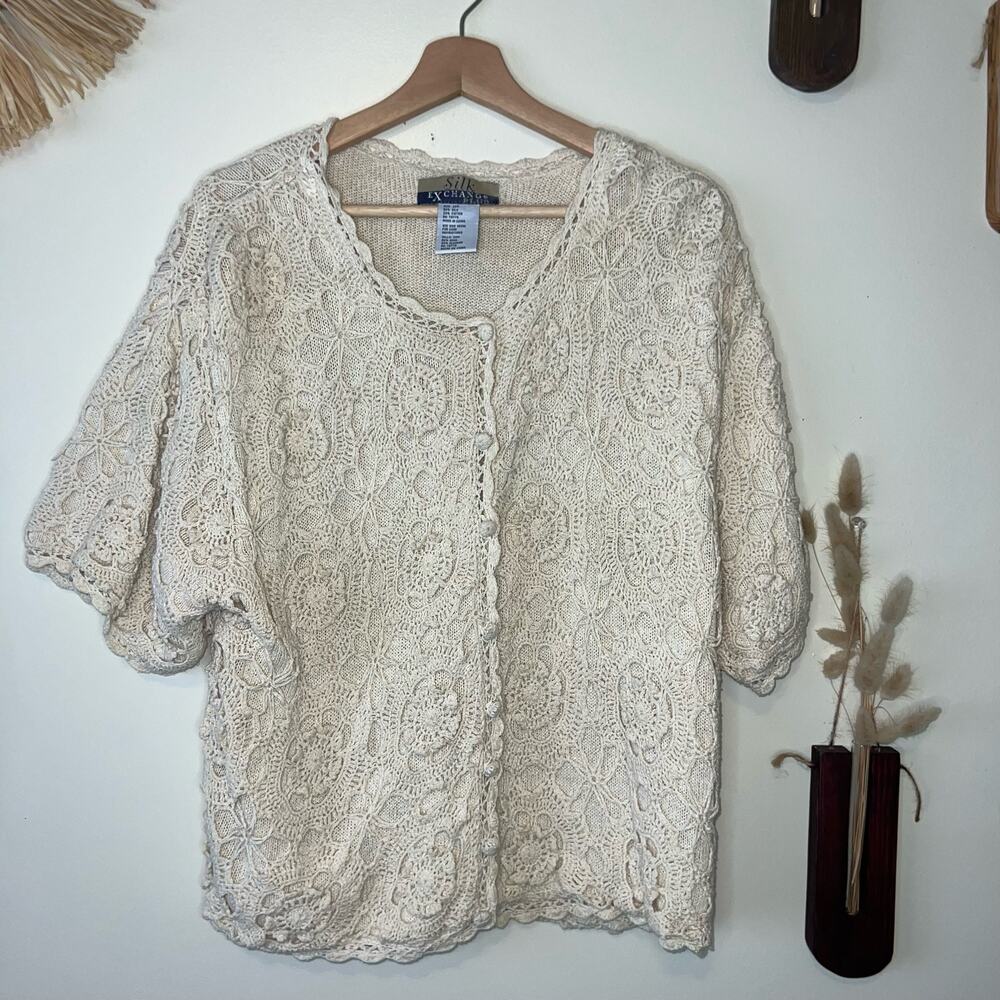 Vintage Cream French Crochet Silk Button-Down Sweater Cardigan 20W